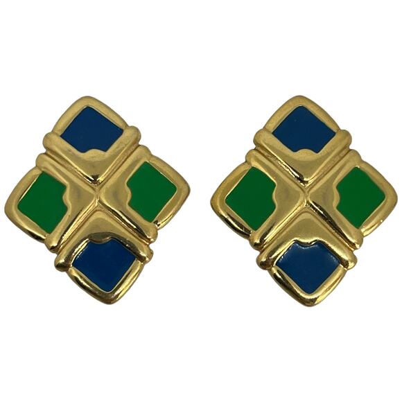 Vintage Monet Gold Clip-On Earrings with Green & Blue Enamel Diamond Shape 1980s - Picture 2 of 9